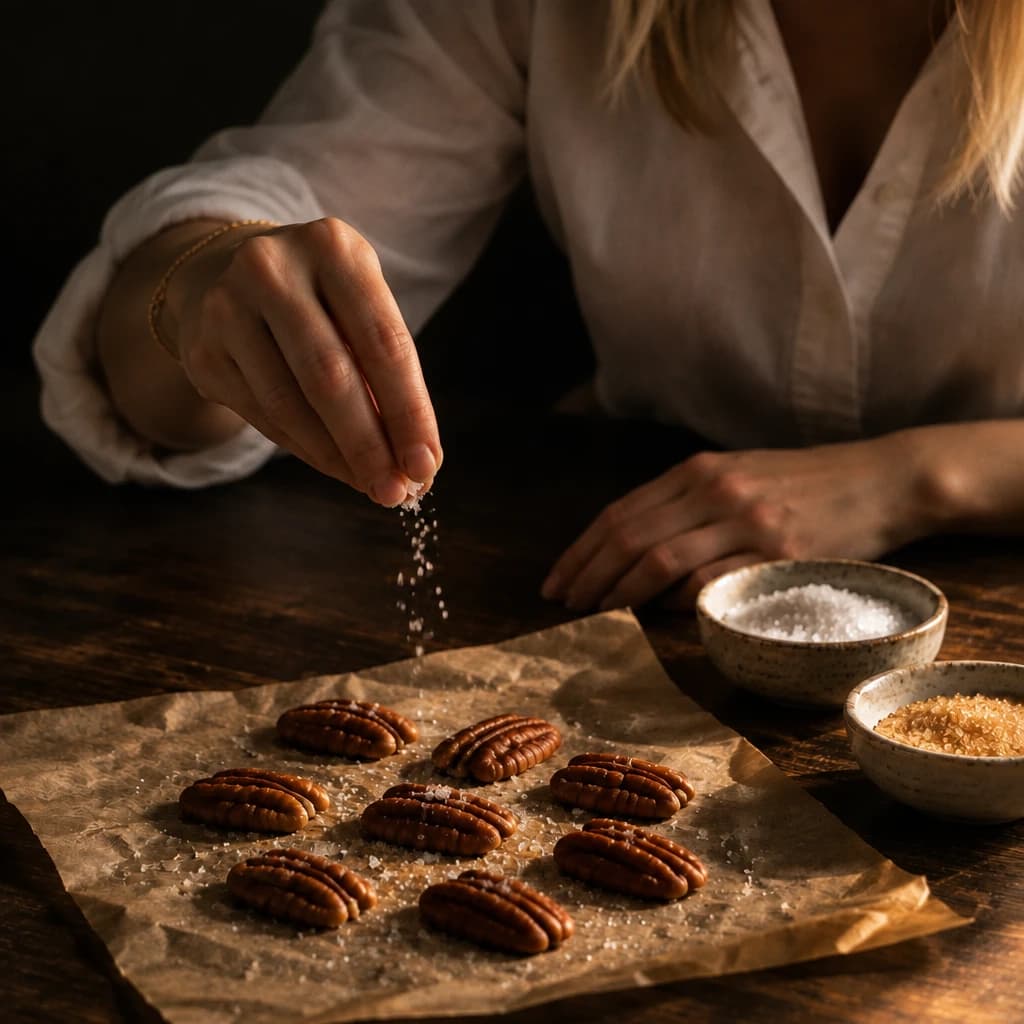 Una mano espolvorea sal de mar sobre las nueces recién caramelizadas.